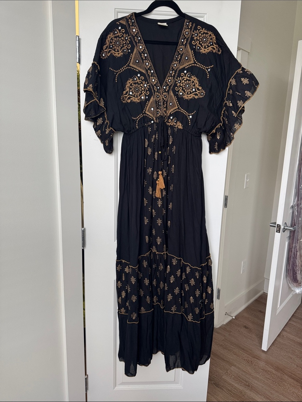 Black Maxi Dress with Gold Embroidered Detail and Tassel Tie